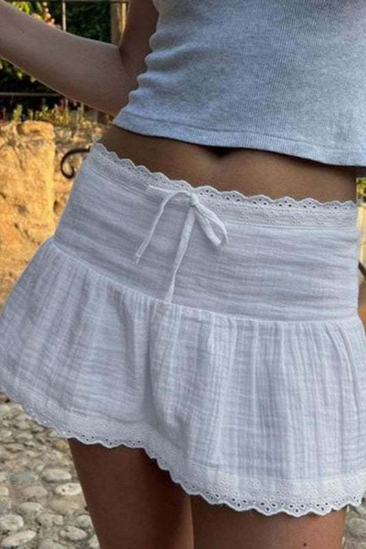 Low Rise Eyelet Lace Trim Bow Front Gauze Ruffle Mini Skirt 4
