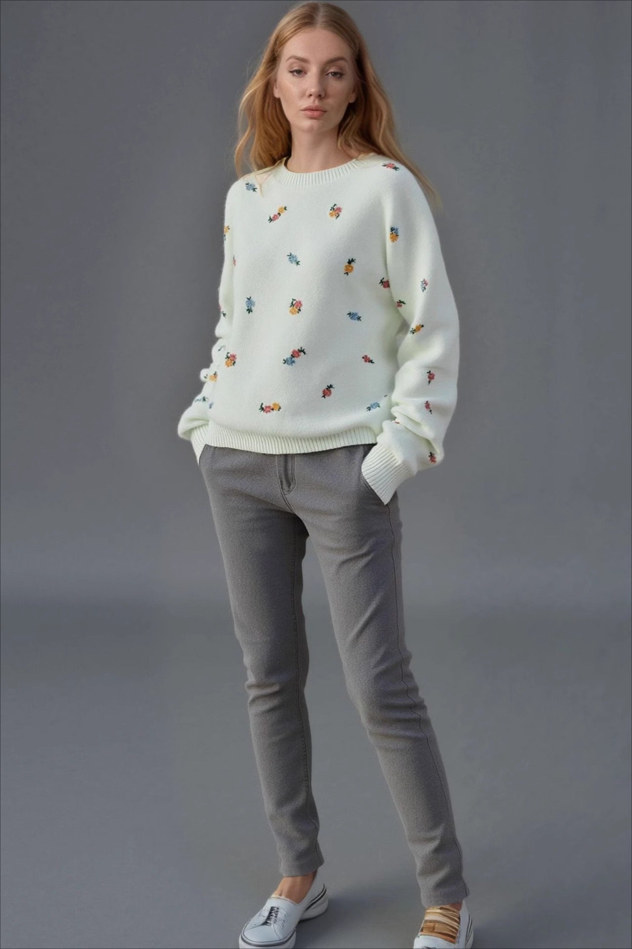 Embroidered Floral Crewneck Sweater