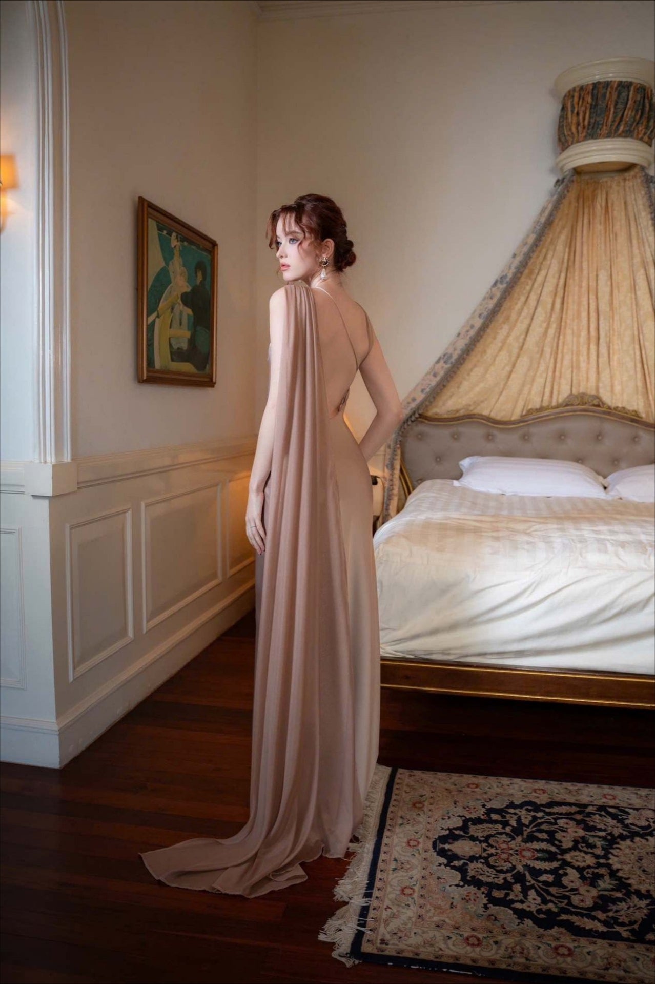 Satin One Shoulder Draped Cape Sheath Gown