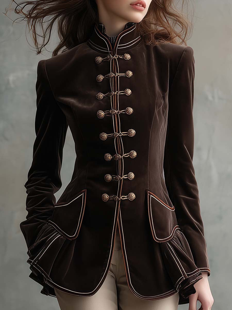 High-Neck Velvet Military Blazer With Gold Cord Buttons – Mocha Brown