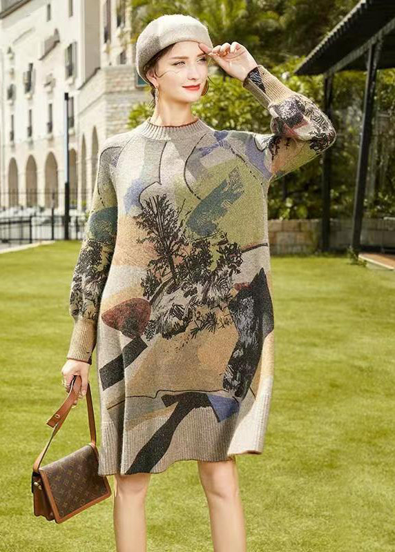 Jacquard Landscape Print Crew Neck Lantern Sleeve Knit Sweater Mini Dress