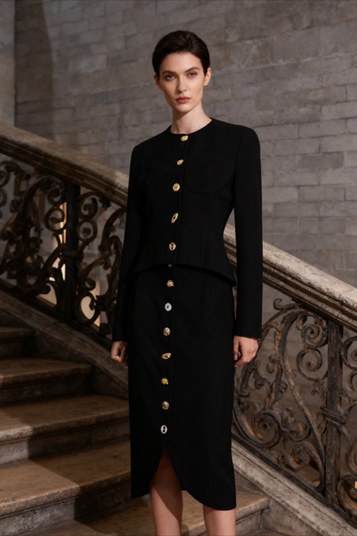 Crew Neck Button Front Jacket and Midi Skirt Two Piece Set 2