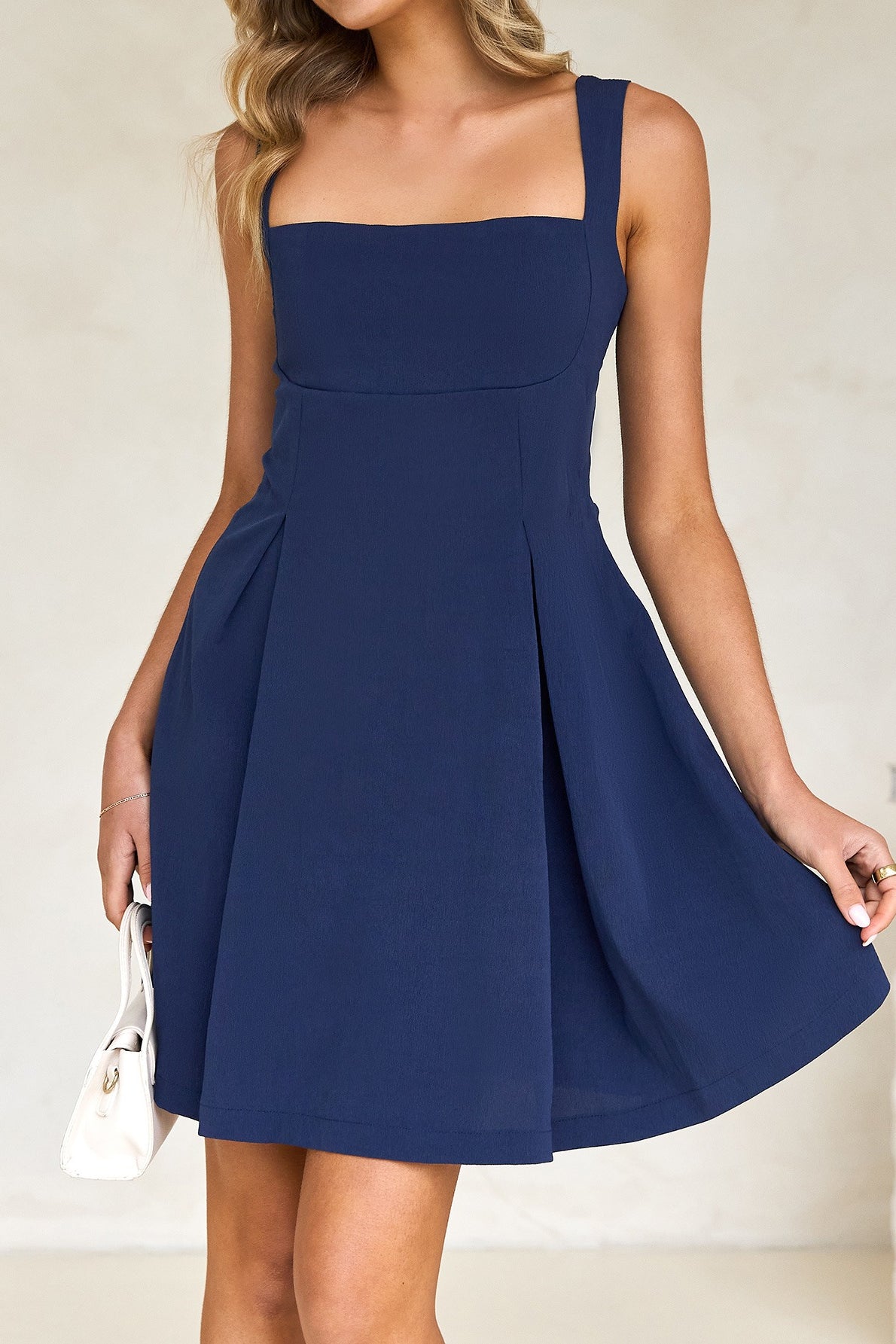 Square Neck Sleeveless Pleated Fit and Flare Mini Dress