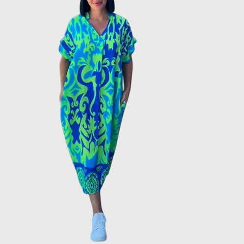 Damask Print V-Neck Short Sleeve Loose Midi Dress