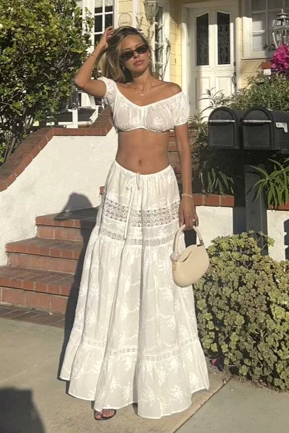 Off Shoulder Crop Top and Lace Trim Tiered Boho Maxi Skirt Two Piece Set