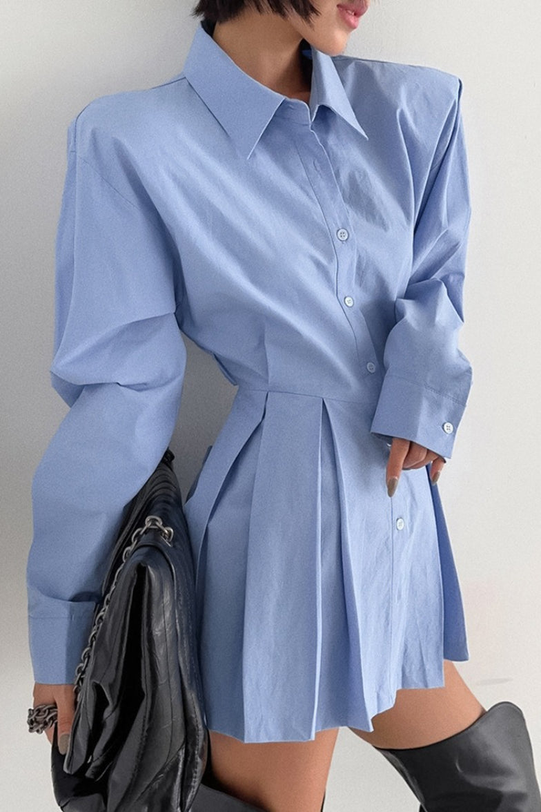 Collared Long Sleeve Padded Shoulder Pleated Mini Shirt Dress