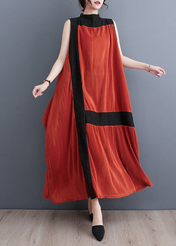 Accordion Pleat Mock Neck Sleeveless Color Block Panel Oversized Maxi Dress