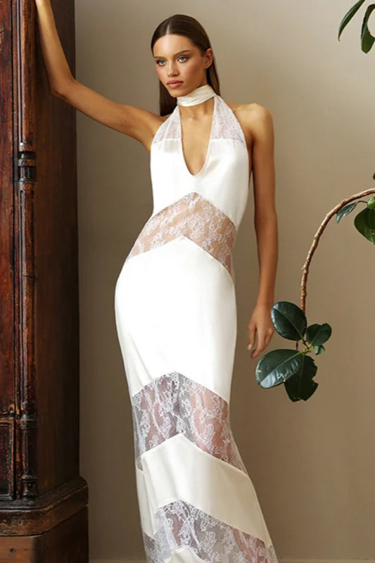 Slim Graceful V Neck Lace Halter Maxi Dress