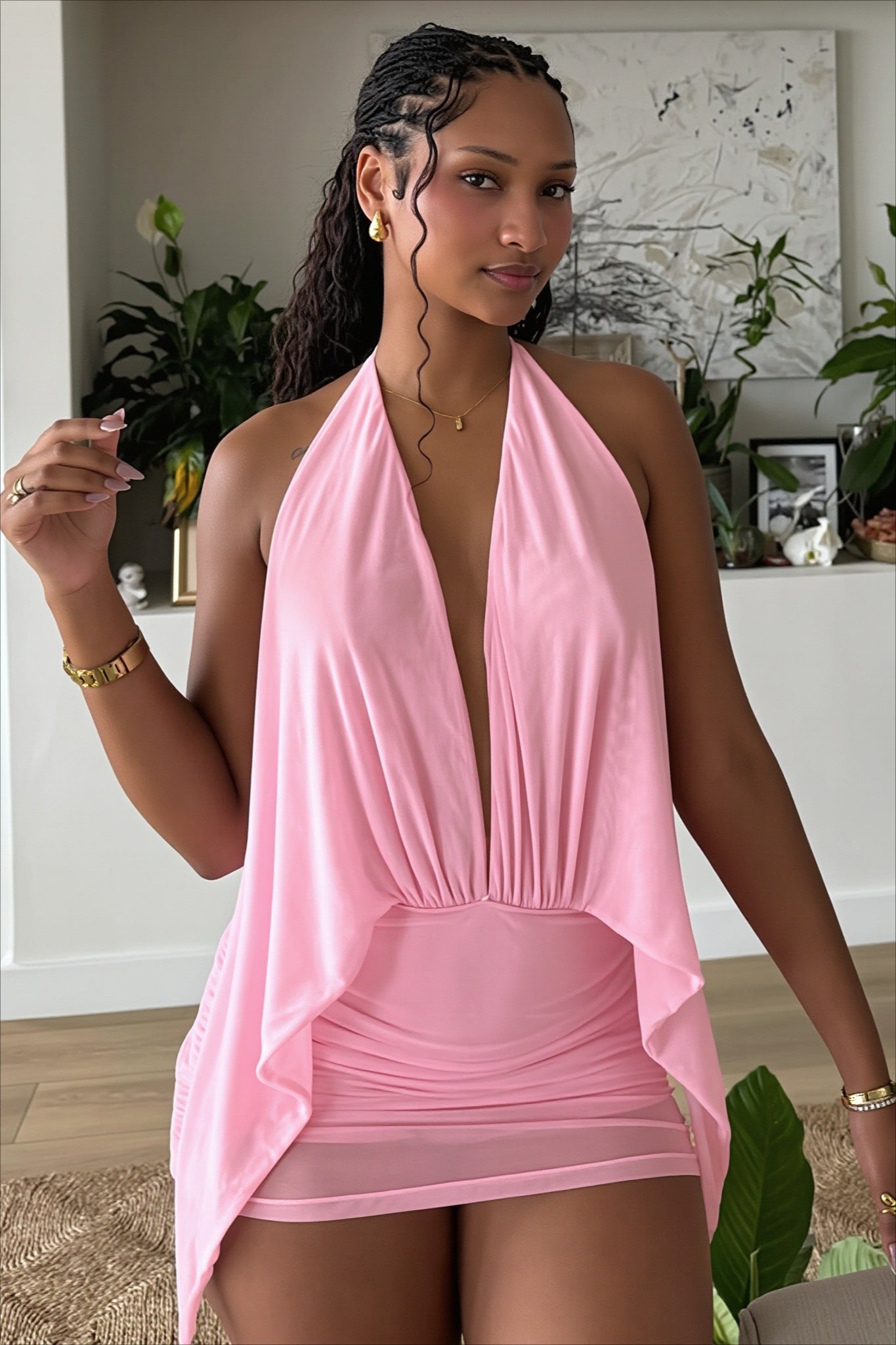 Halter Deep V-Neck Draped Ruched Bodycon Mini Dress