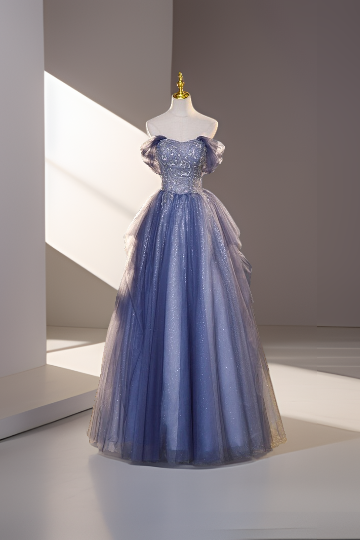 Blue Off The Shoulder Sequins Tulle Evening Dress Sweet 16 Dress cc1725