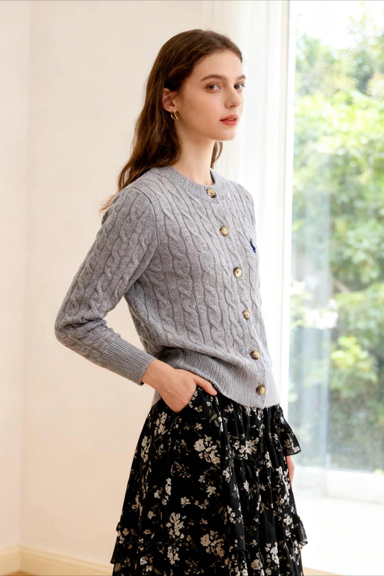 Wool Blend Embroidered Cable Cardigan
