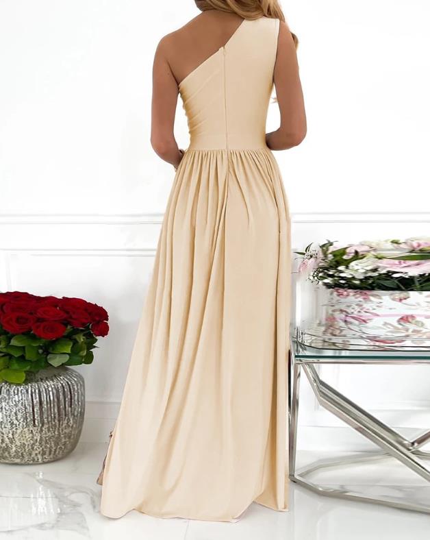 One Shoulder Keyhole Cut Out Pleated High Split Formal Maxi Gown