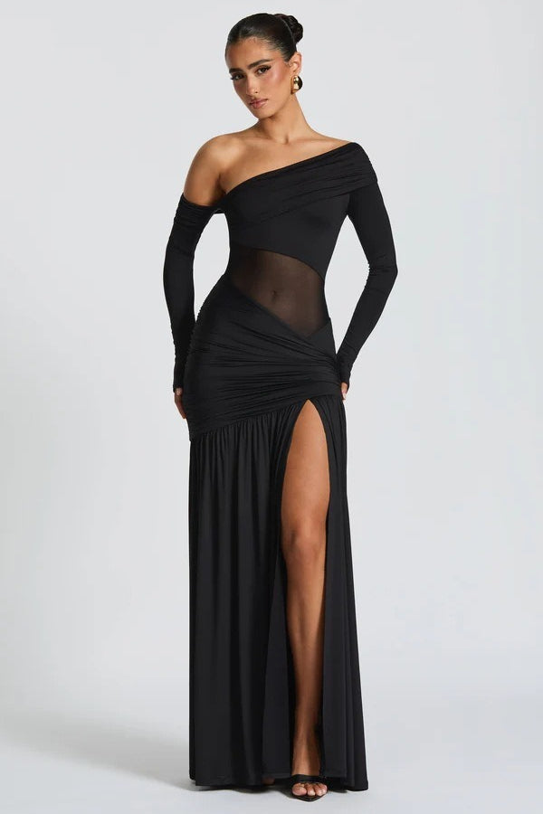 Off Shoulder Long Sleeve Ruched High Split Mermaid Gown