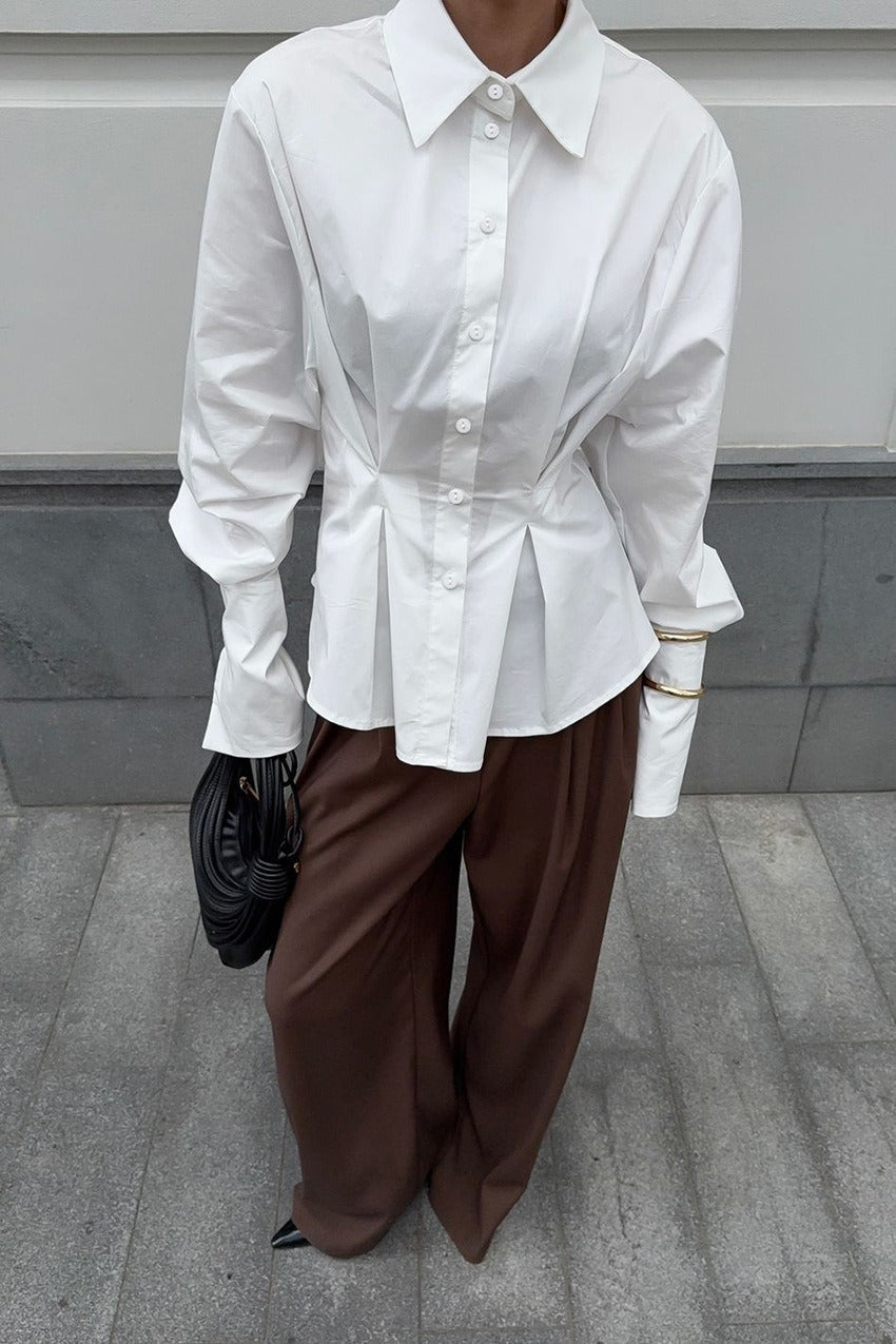 Collared Long Sleeve Pleated Cinched Waist Button Front Shirt 4