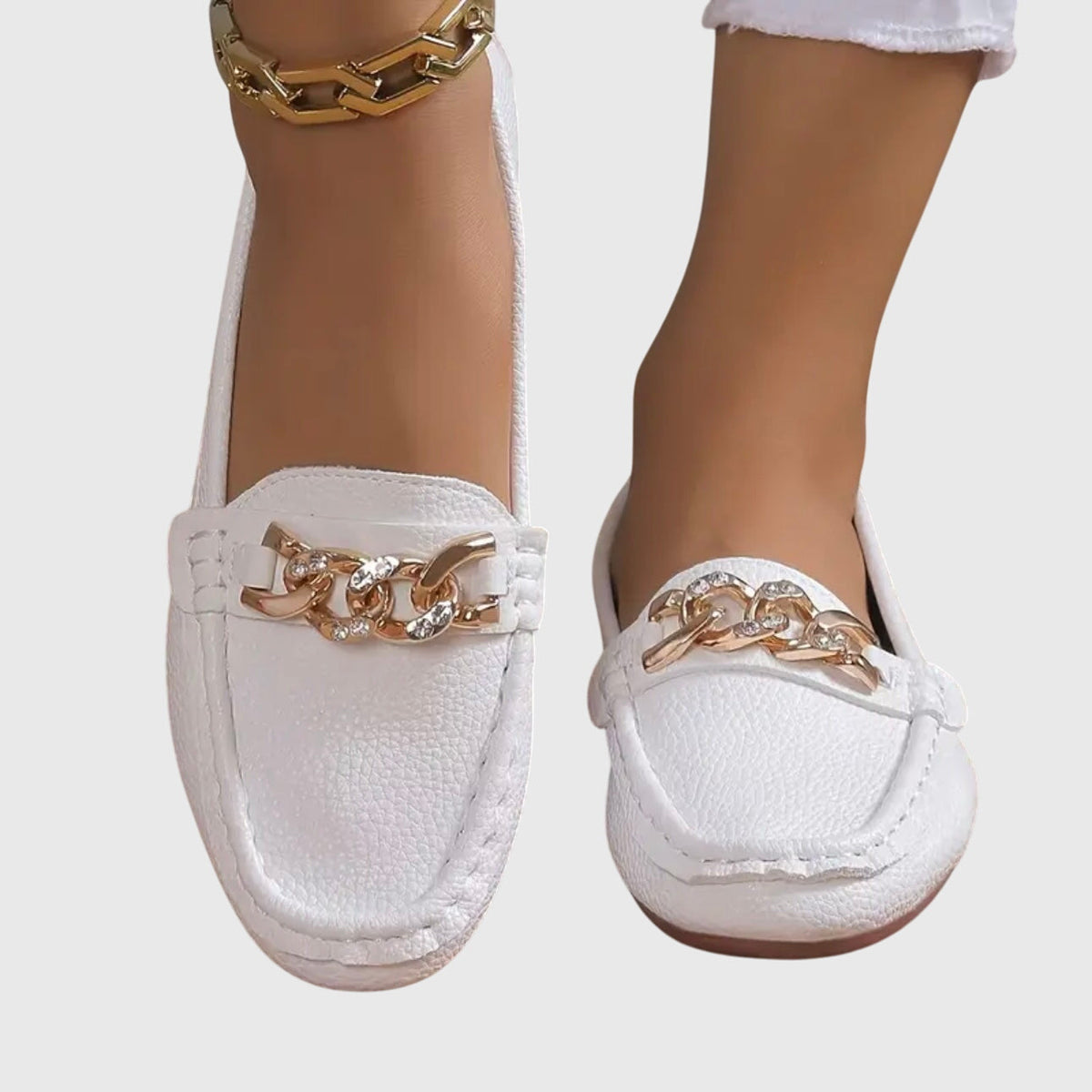 Chain Embellished Round Toe Slip On Loafers