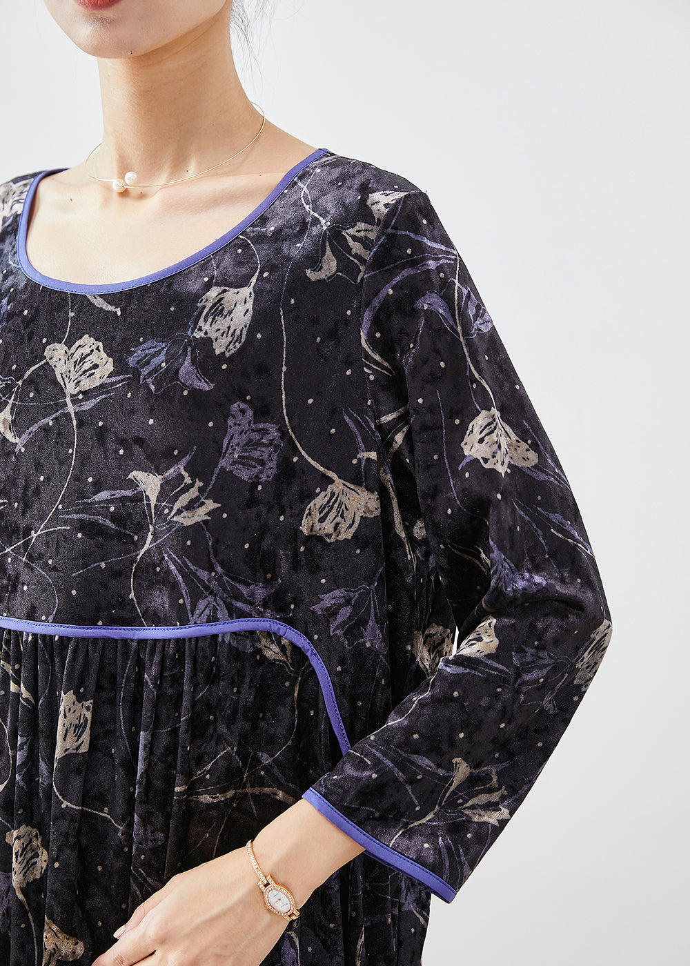 Velvet Floral Print Empire Waist Long Sleeve Dress Lace Hem Wide Leg Pants Two Piece Set