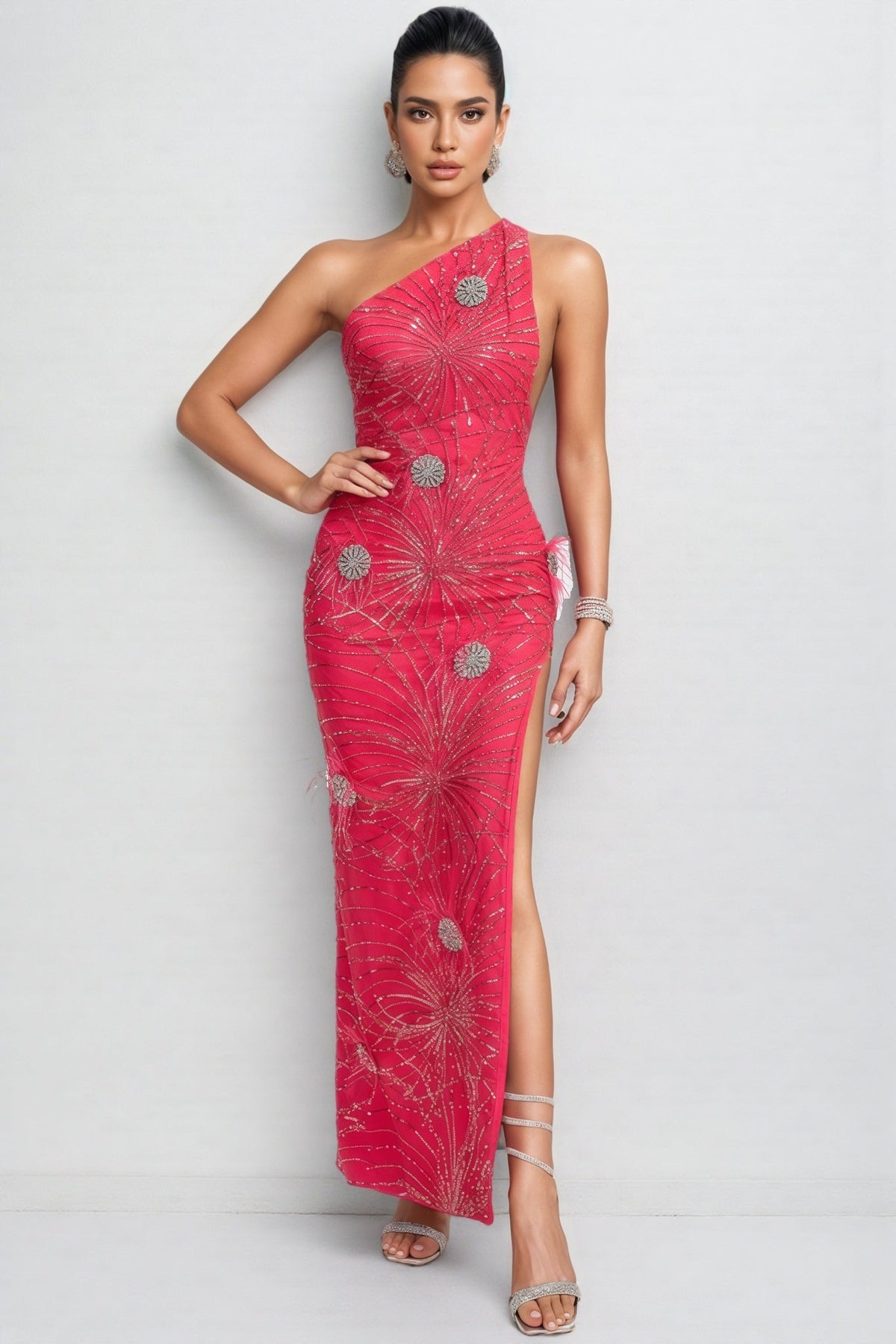 Sequin Beaded One Shoulder High Split Bodycon Maxi Dress
