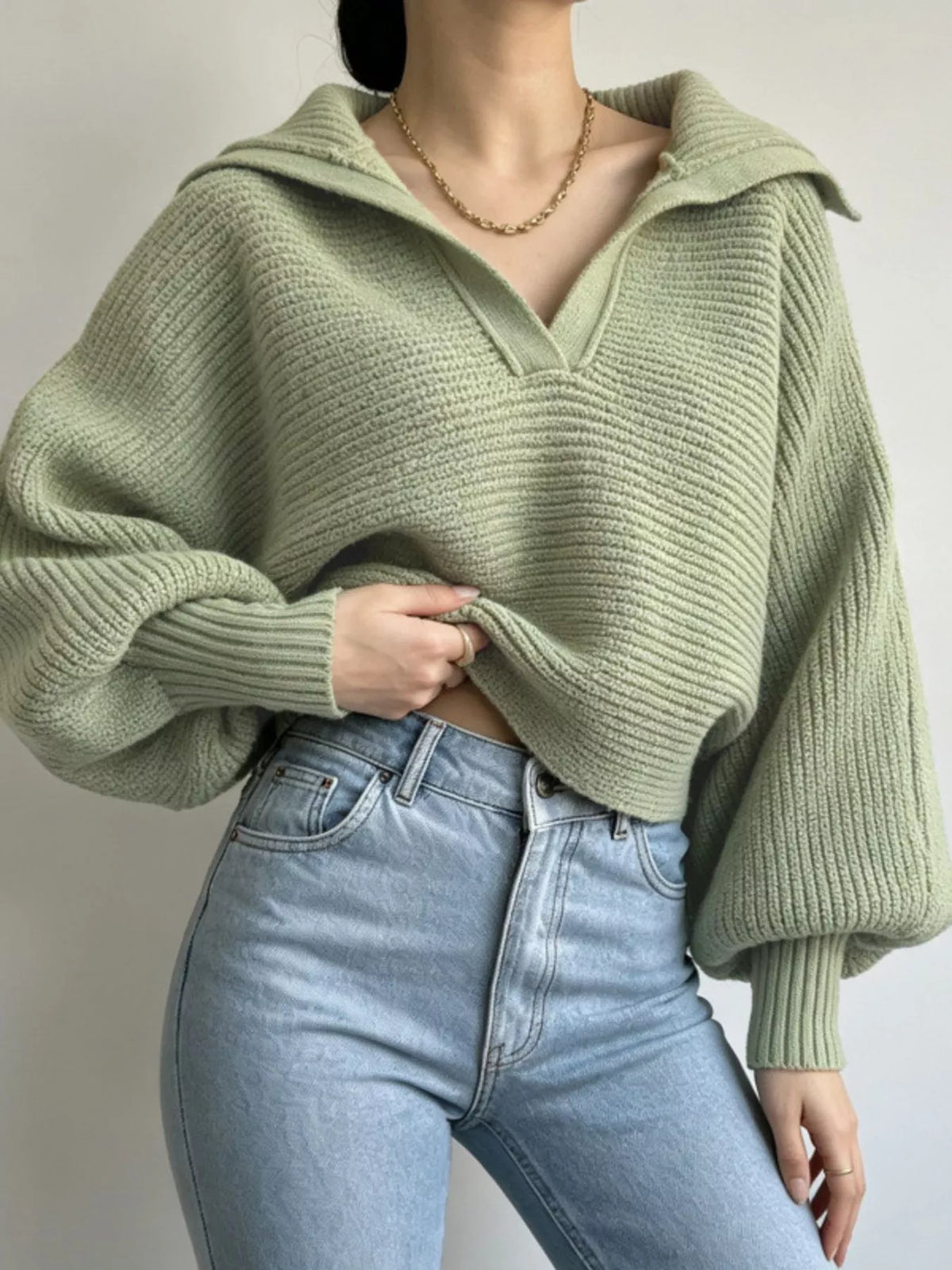 Oversized Sailor Collar V-Neck Lantern Sleeve Ribbed Knit Cropped Sweater 4