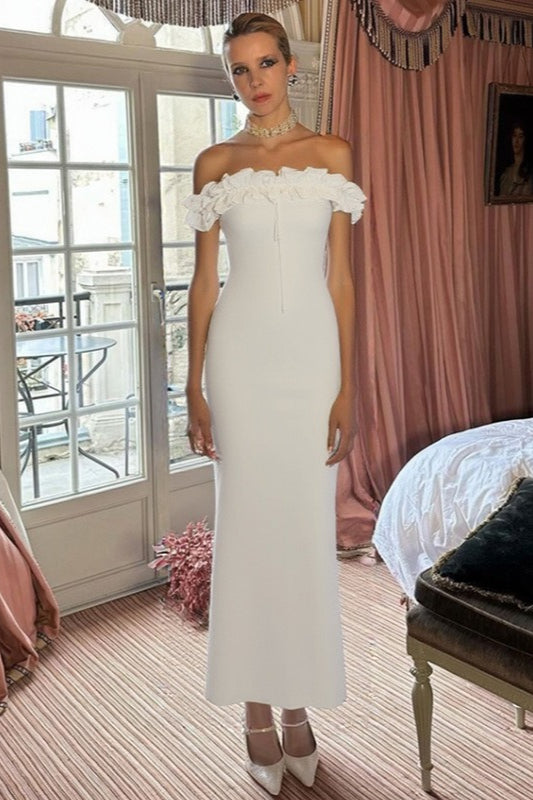 Off Shoulder Ruffle Trim Tie Front Bodycon Maxi Dress