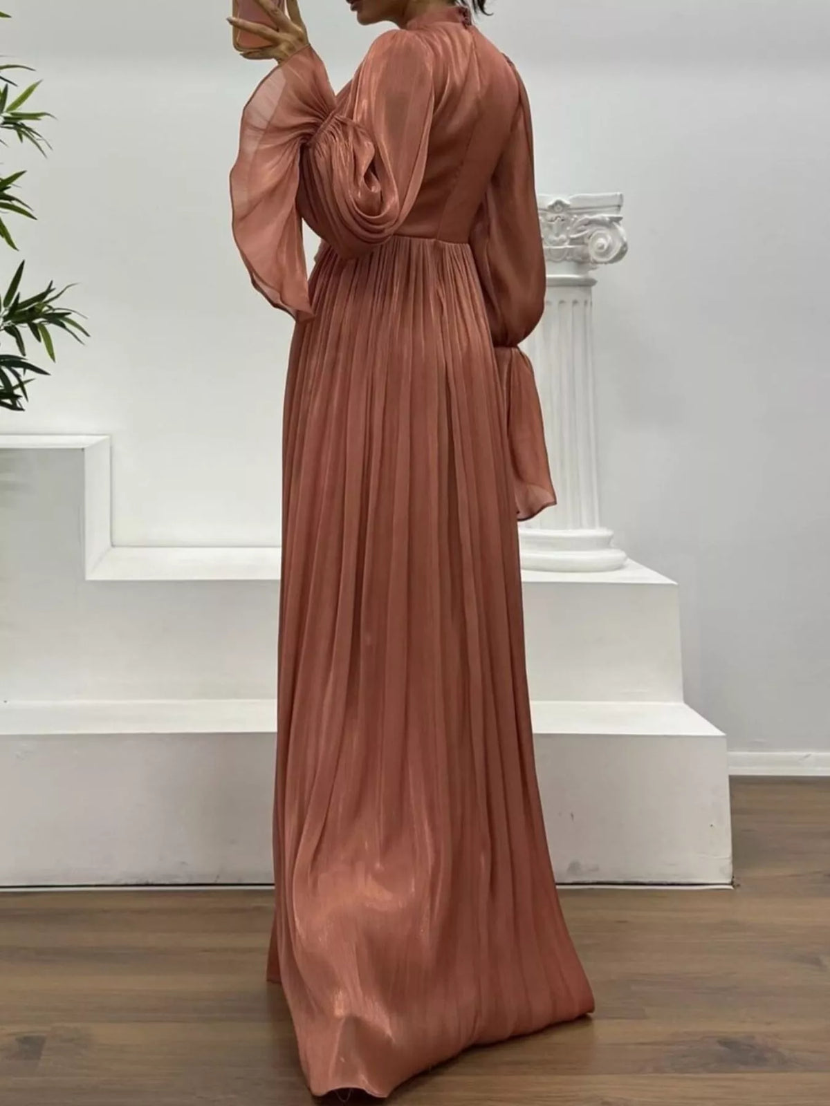Pleated Satin Mock Neck Flared Bell Sleeve Twist Waist Maxi Gown 10