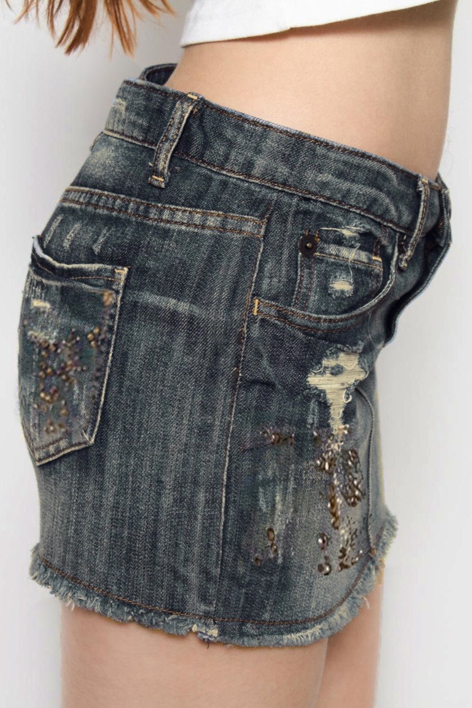 Low Rise Distressed Studded Raw Hem Washed Denim Mini Skirt 4