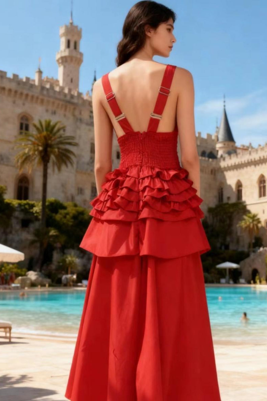 Deep V-Neck Sleeveless Corset Tiered Fit and Flare Midi Dress