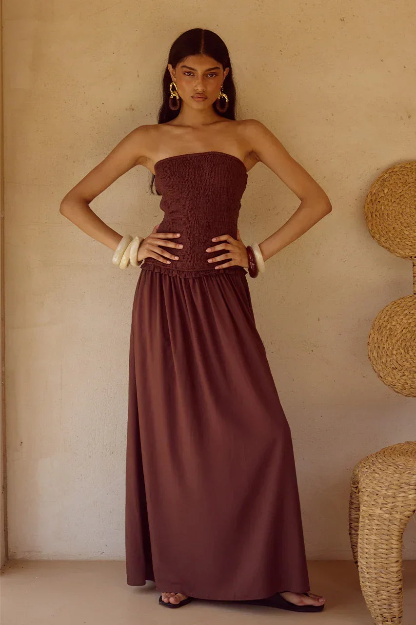 Strapless Shirred Bodice Drop Waist Maxi Dress 5