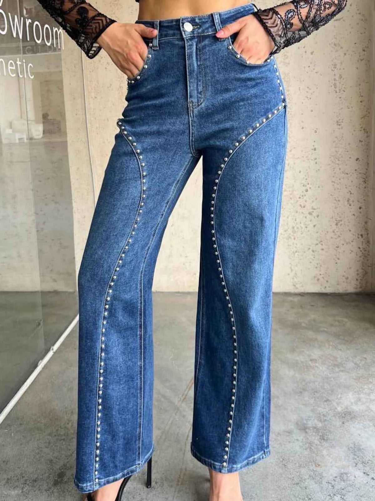 High Waist Studded Curved Seam Wide Leg Jeans