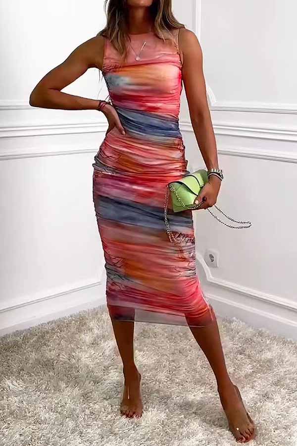 Tie Dye Print Mesh Sleeveless Ruched Bodycon Midi Dress