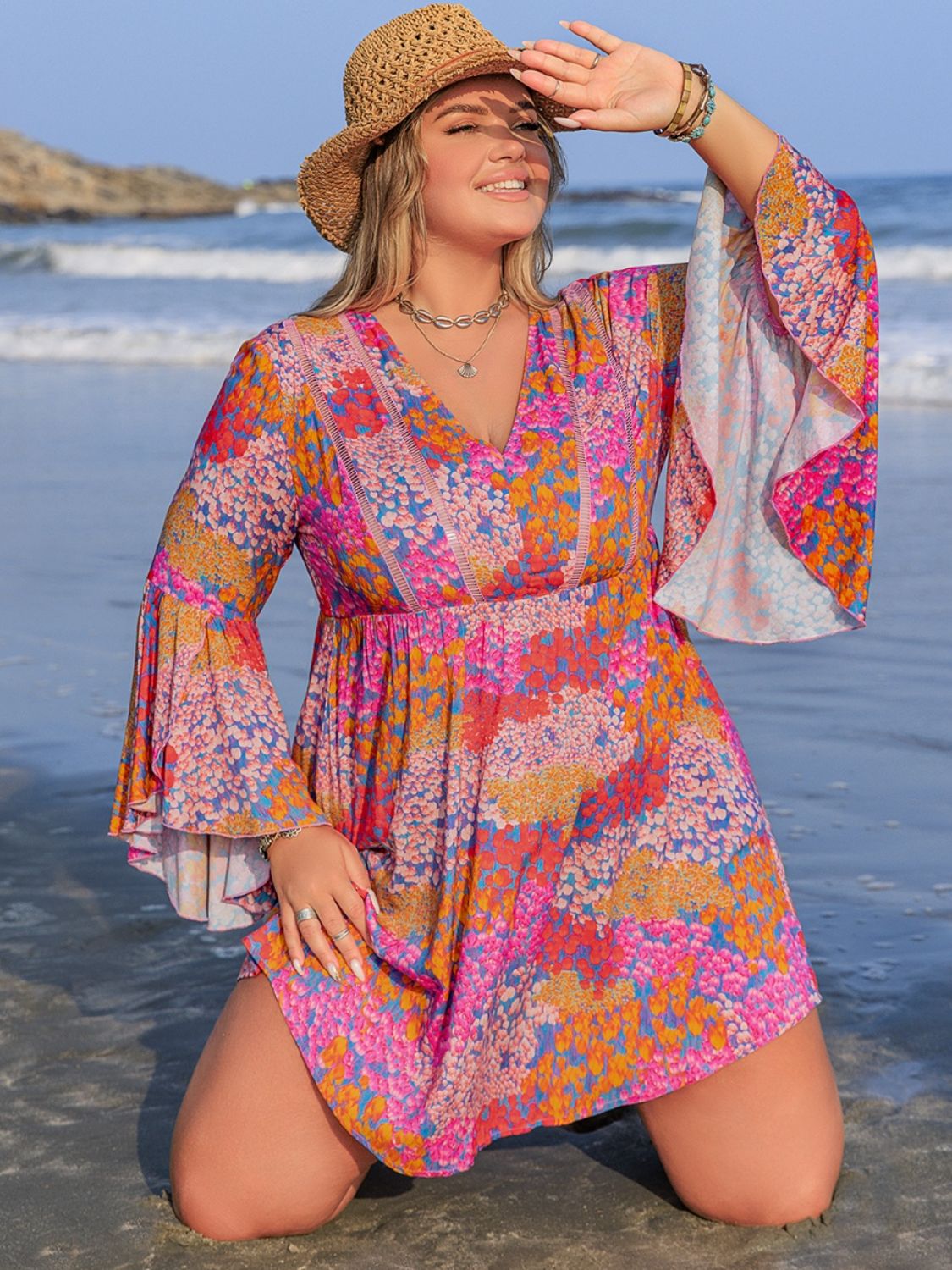 Plus Size Ruched Printed Long Sleeve Dress Scarlet