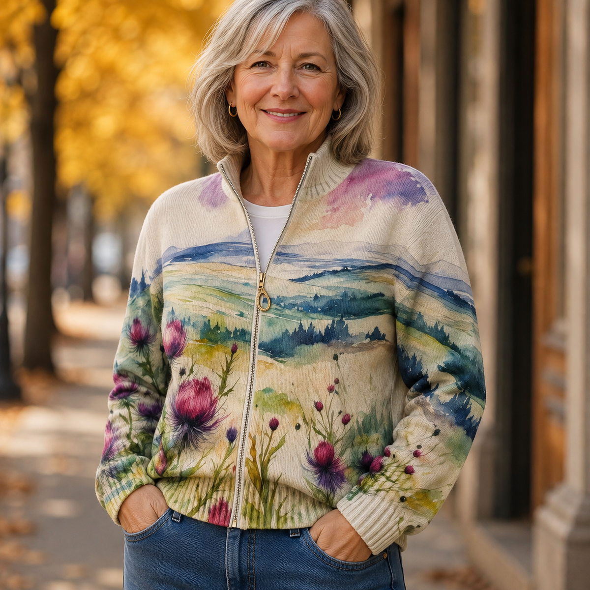 Thistle Landscape Print Zip Front Stand Collar Cardigan