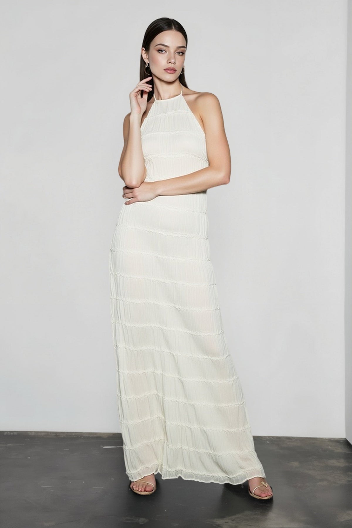Halter Neck Sleeveless Shirred Tiered Column Maxi Dress