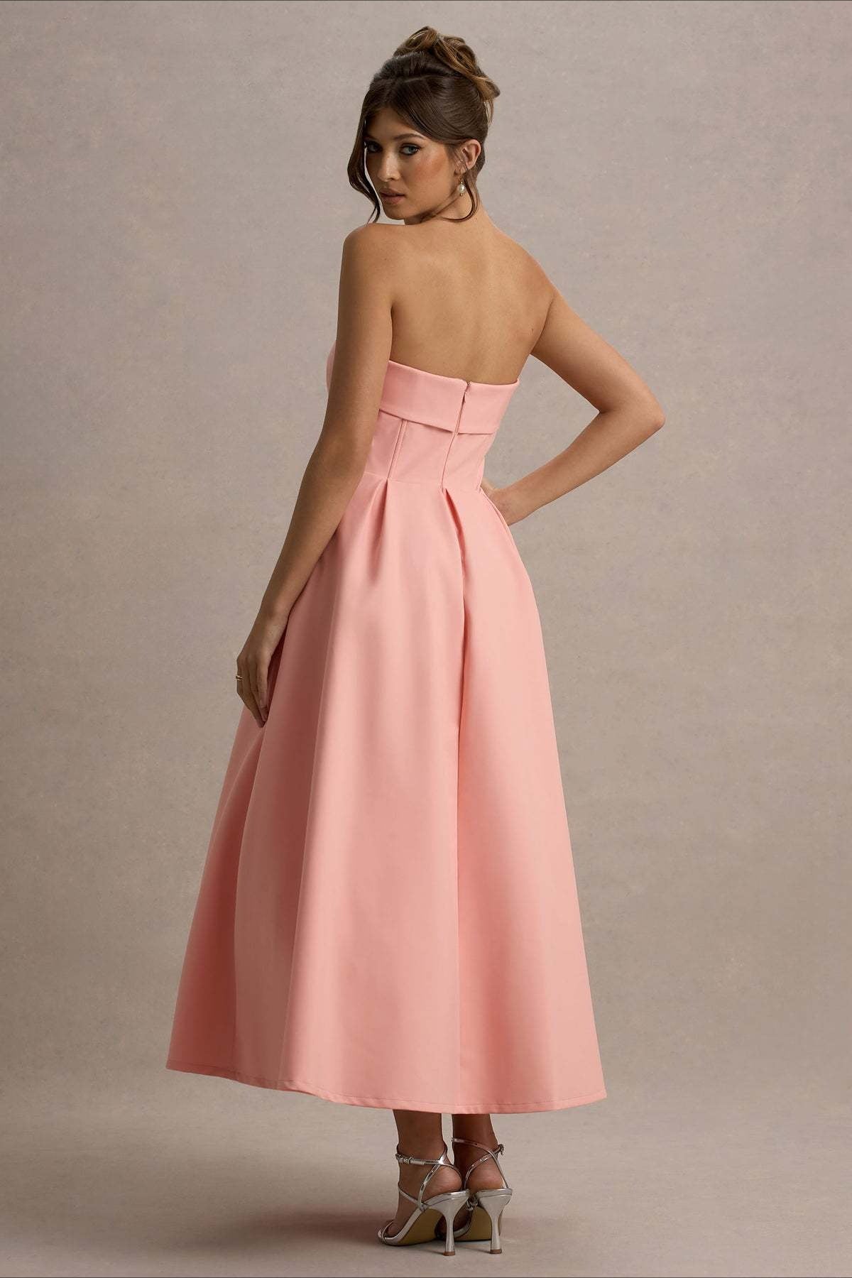 Strapless Fold Over Neck Box Pleat A-Line Midi Cocktail Dress