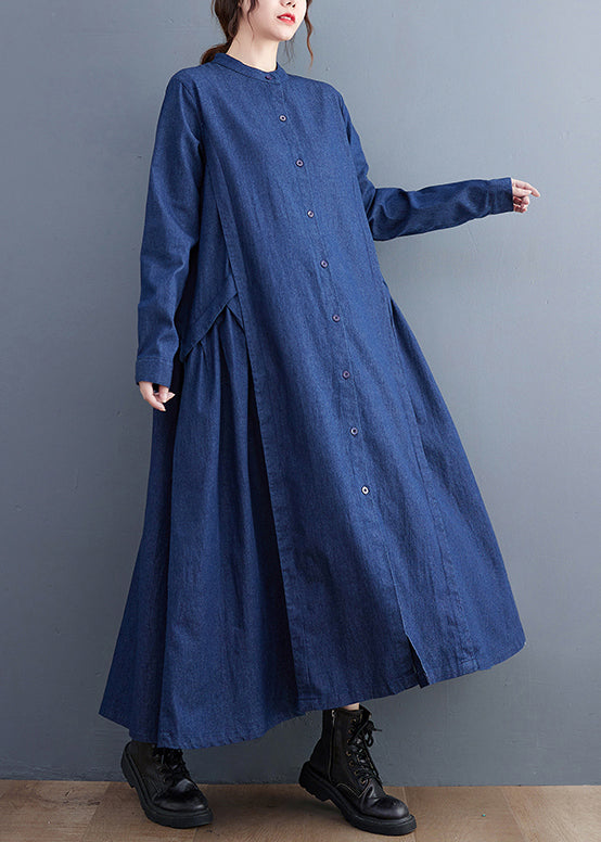 Denim Mandarin Collar Button Front Pleated Side Panel Long Sleeve Maxi Dress