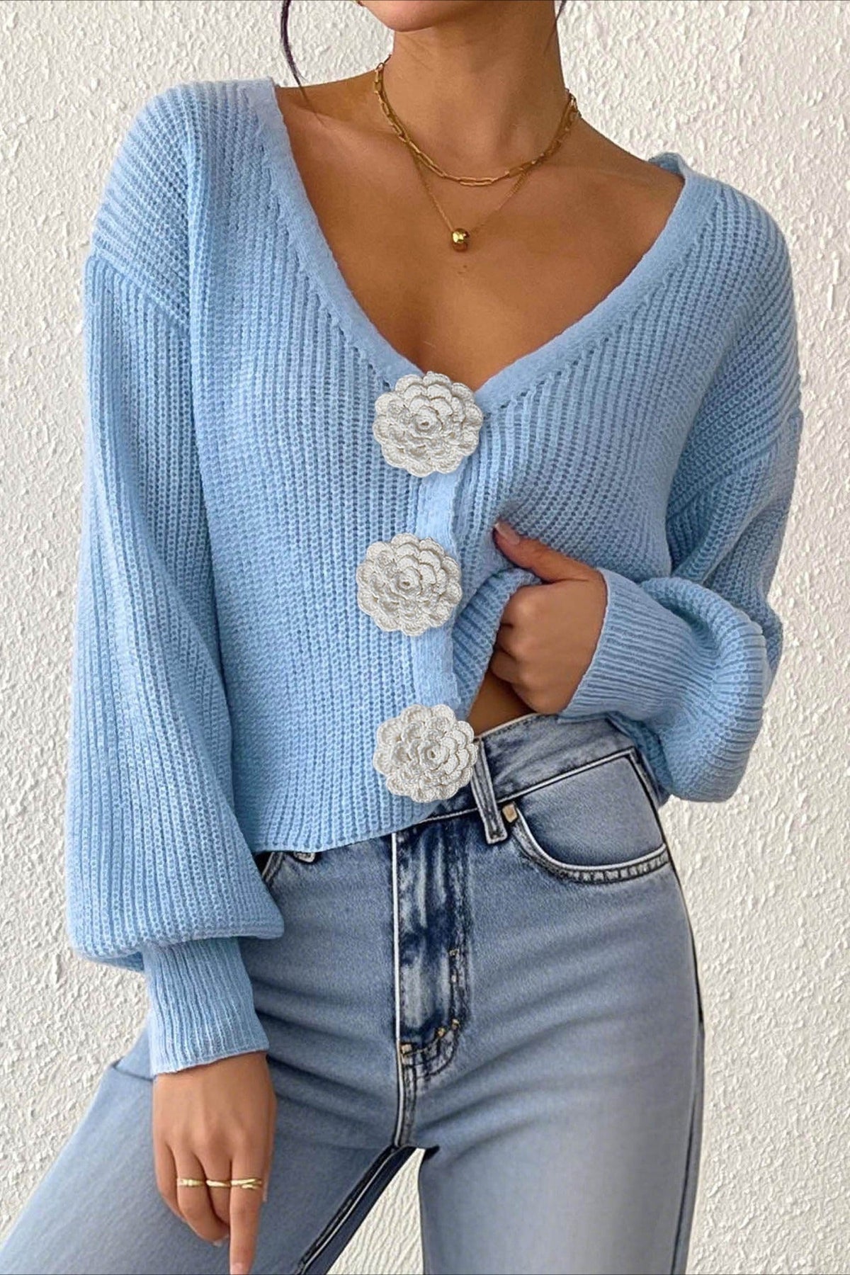V-Neck Crochet Flower Button Front Ribbed Knit Cropped Cardigan 29