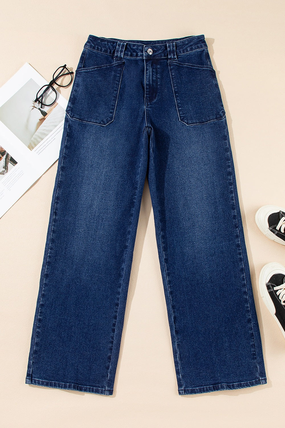 High Waist Front Patch Pocket Wide Leg Trouser Jeans 5