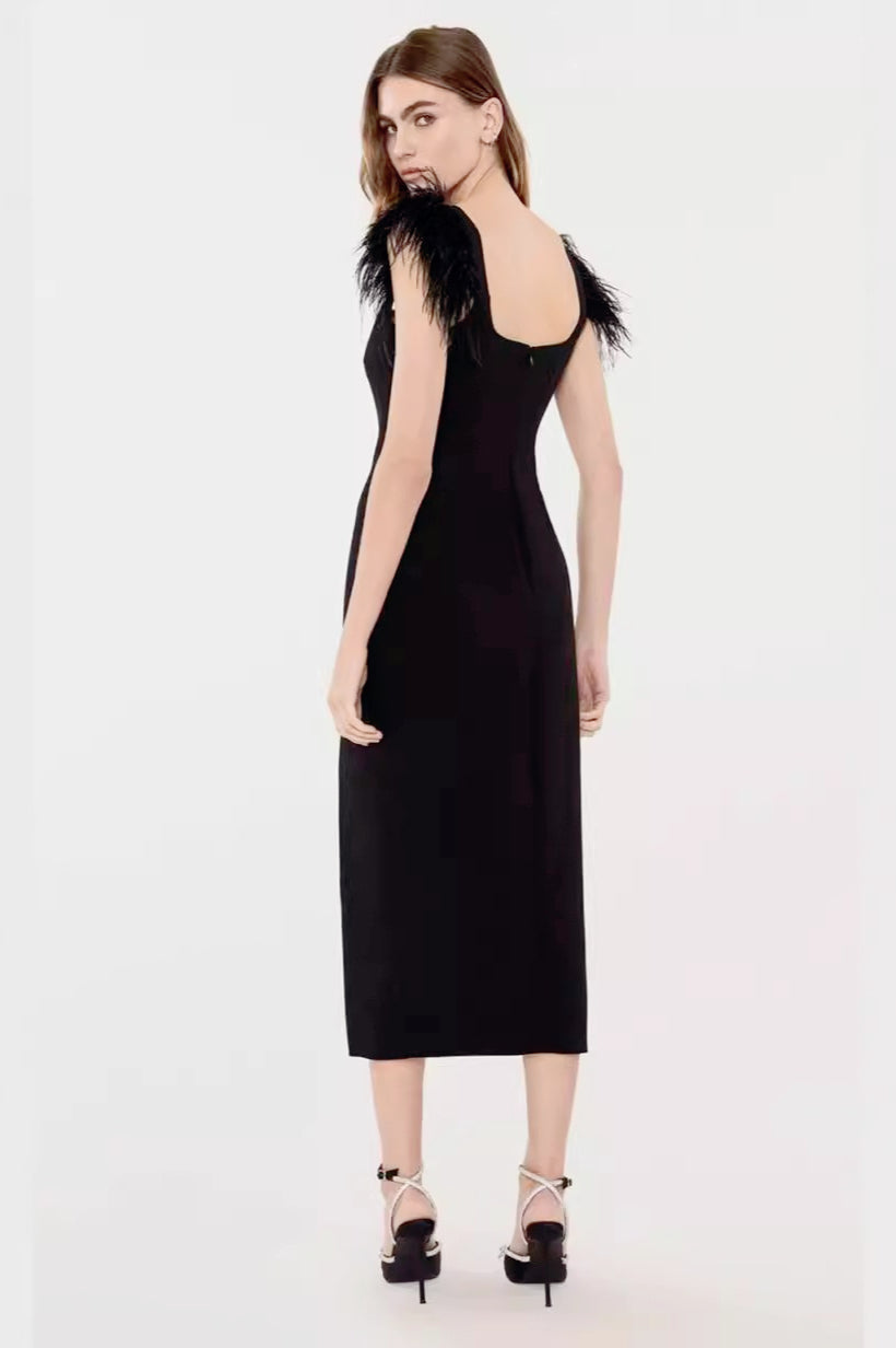 Square Neck Feather Strap Bow High Split Bodycon Midi Dress