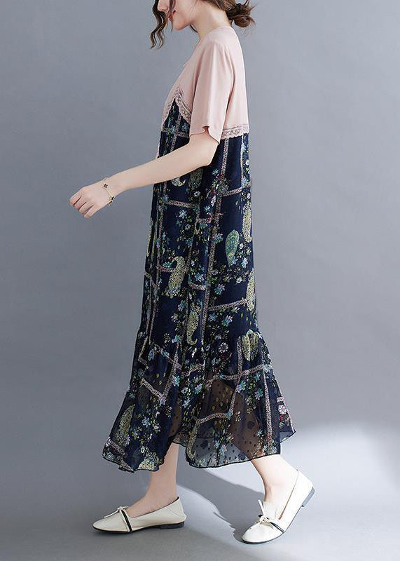 Faux Two Piece Paisley Patchwork Lace Trim Ruffle Hem Midi Dress