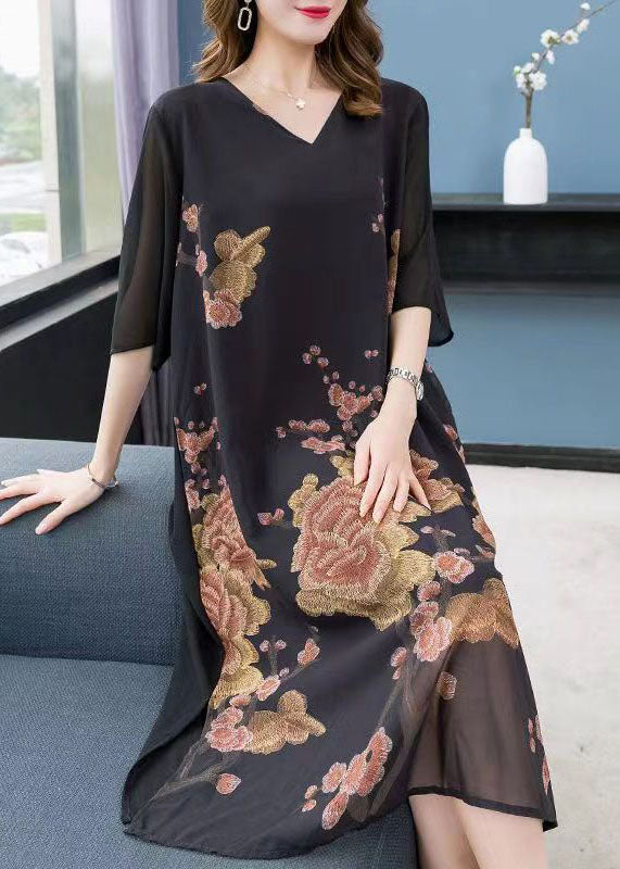 Floral Embroidery V-Neck Sheer Chiffon Sleeve Overlay Midi Dress