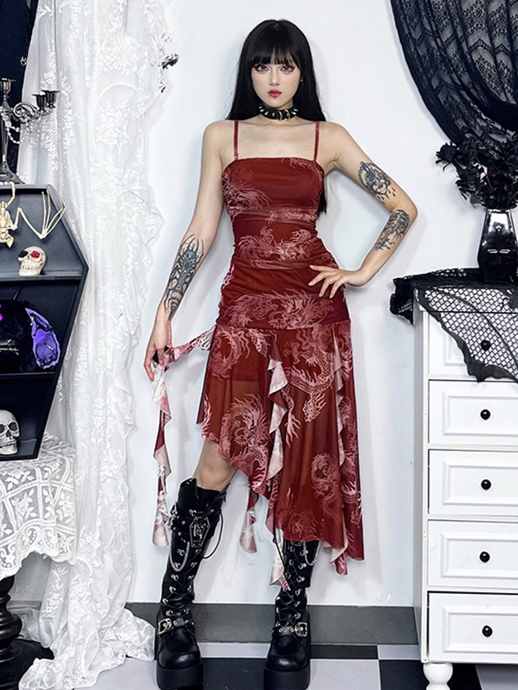 Chinese Dragon Y2K Folds Asymmetrical Spaghetti Strap Party Dress