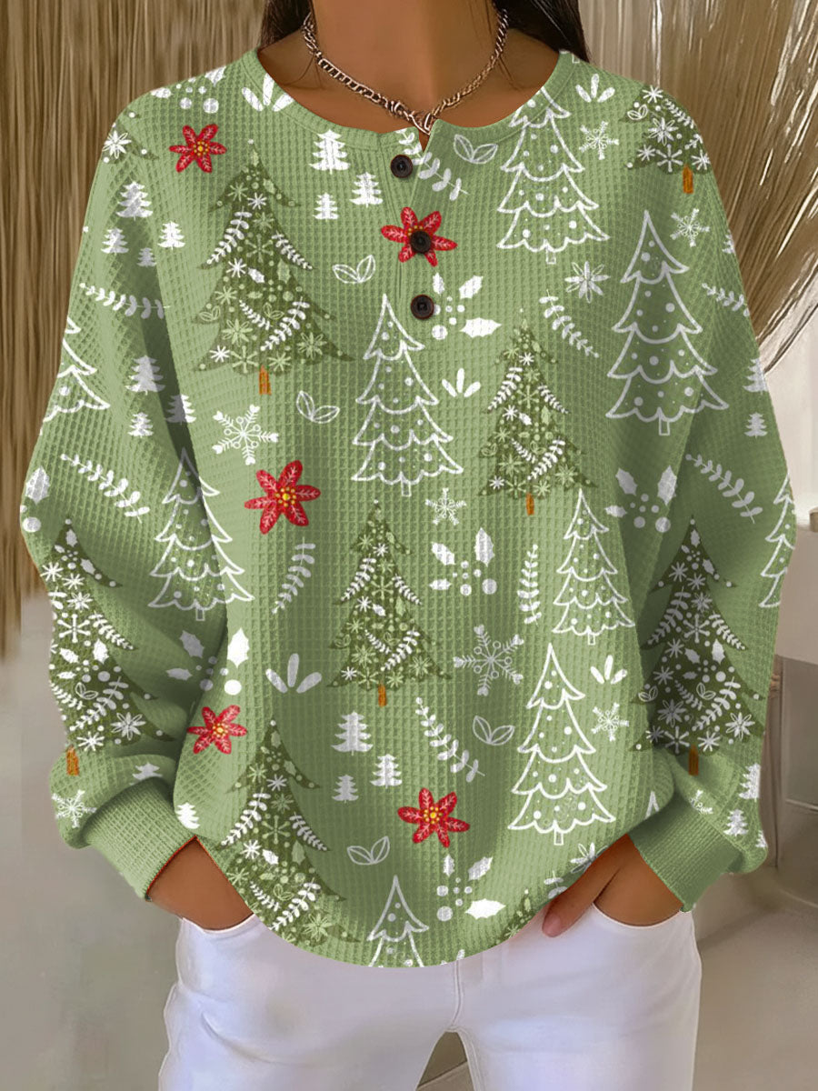 Christmas Tree Print Waffle Knit Button Henley Sweatshirt