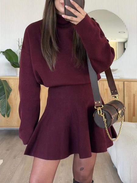 High Neck Long Sleeve Ribbed Knit Mini Dress 23