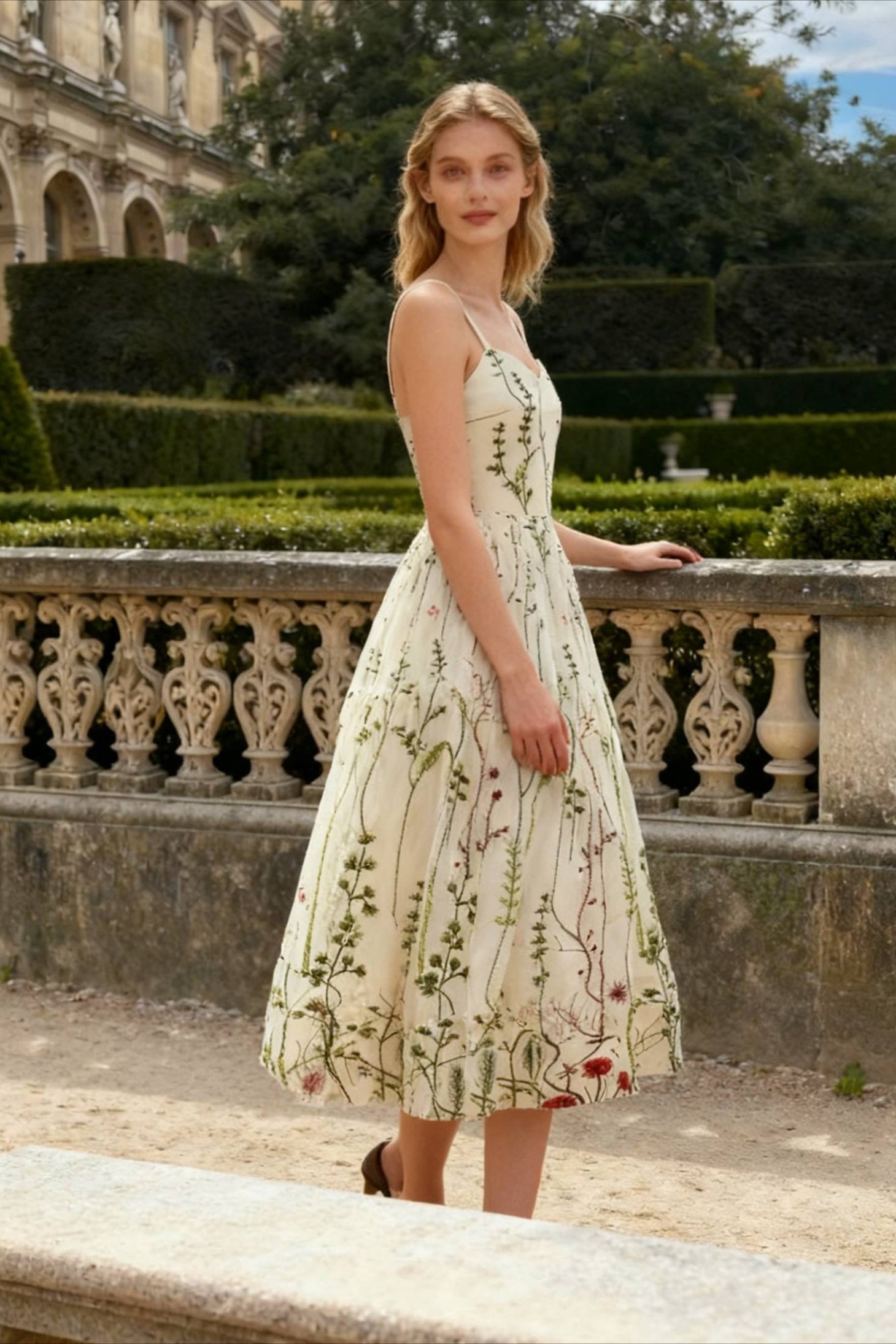 Floral Embroidered Tulle Sweetheart Spaghetti Strap Fit and Flare Midi Dress