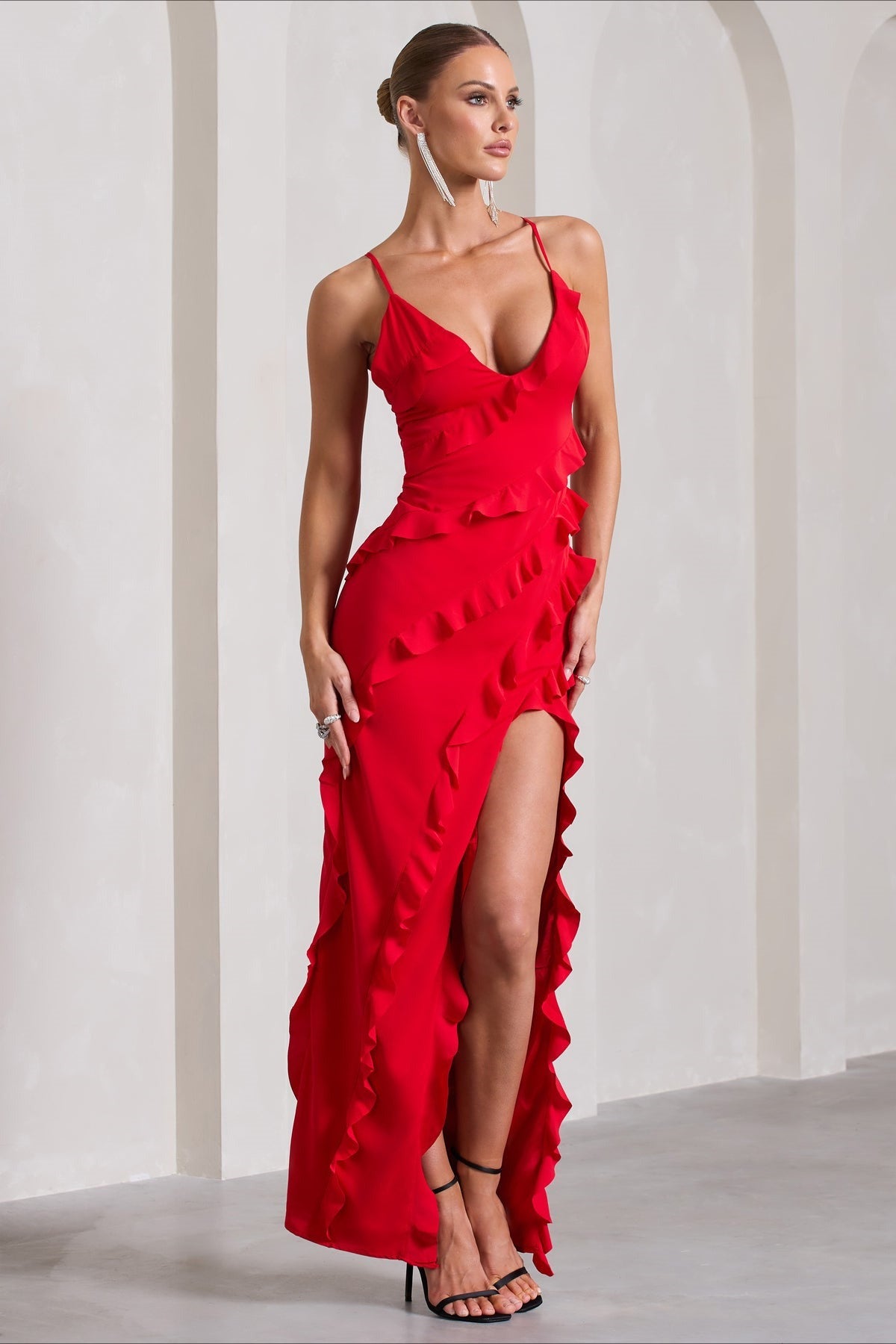 Spaghetti Strap Deep V-Neck Ruffle High Split Maxi Party Dress