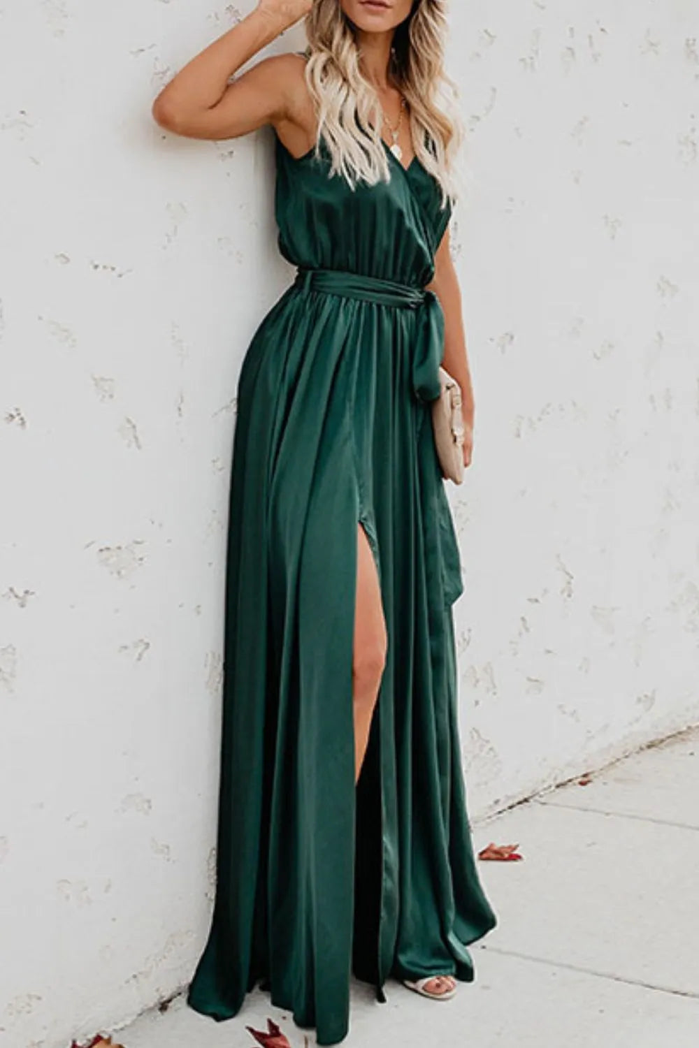 Satin Surplice V-Neck Sleeveless Tie Waist High Split Maxi Dress 12