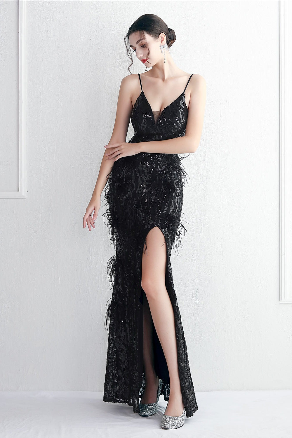 Sequin Deep V-Neck Spaghetti Strap Feather High Split Gown