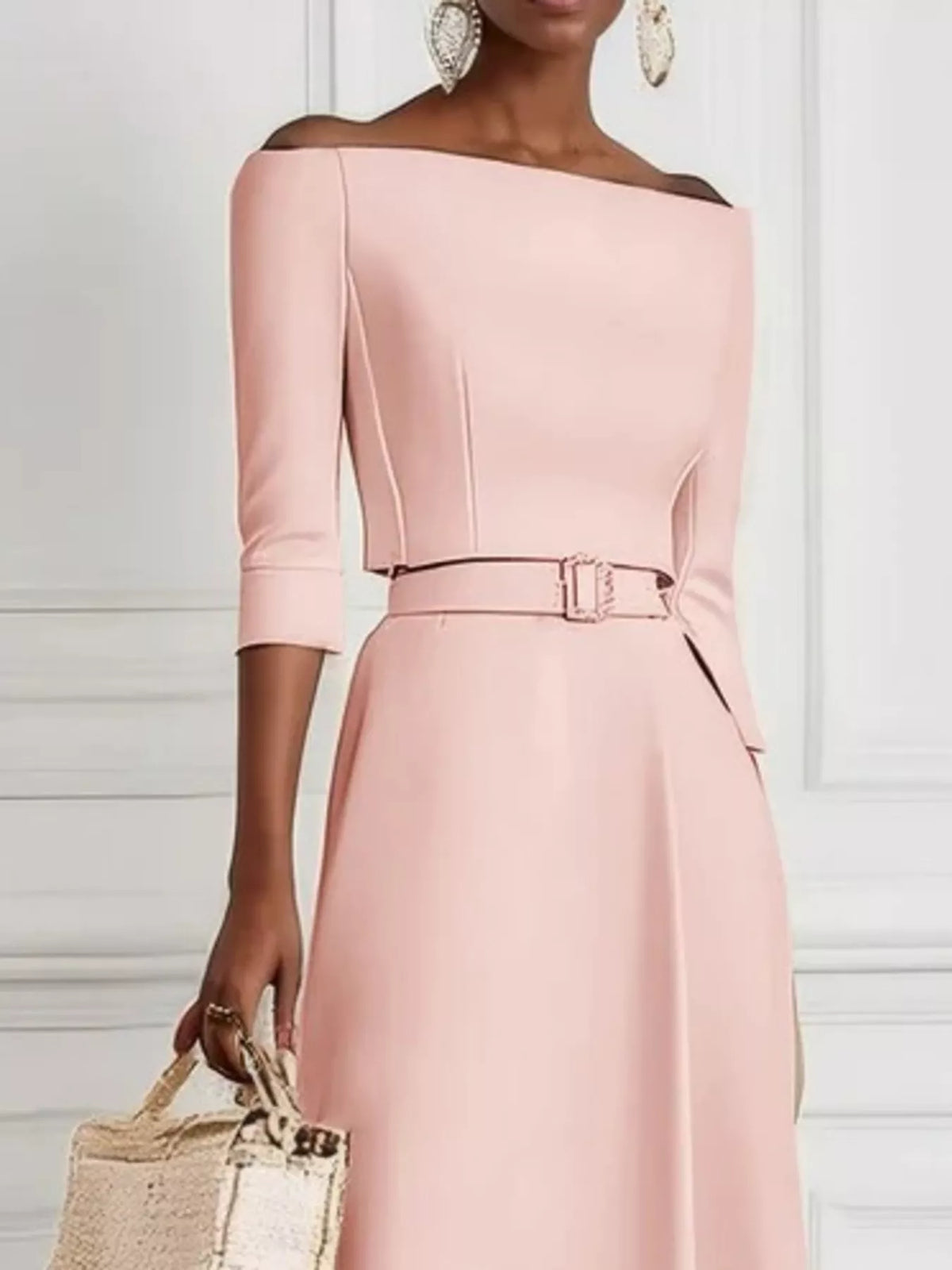 Off Shoulder Half Sleeve Belted A-Line Maxi Dress 13