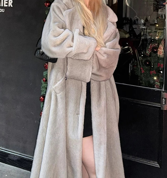 Oversized Faux Fur Lapel Collar Wide Cuff Maxi Coat