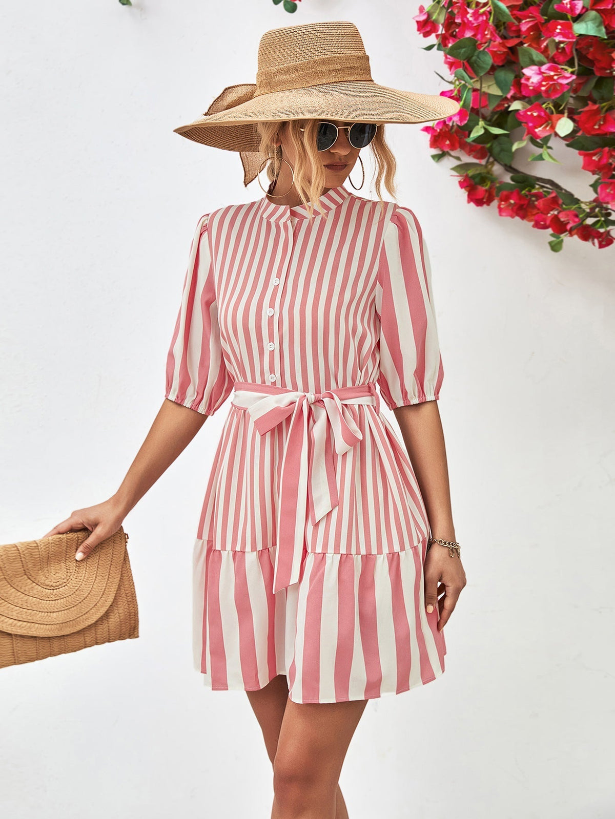 Striped Puff Sleeve Button Front Belted Ruffle Hem Mini Dress