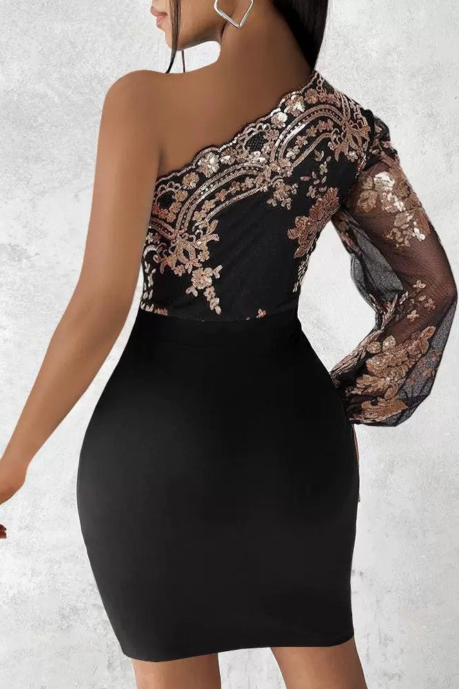 Sequin One Shoulder Long Sleeve Bodycon Mini Dress
